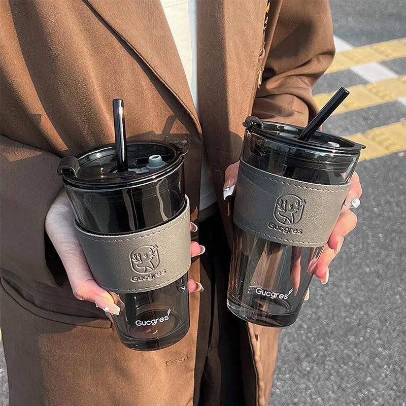 E-Gadget®Large Size Bamboo Joint Glass Material Cup with Glass Straw and Leather Grip (Mix/Random colour)