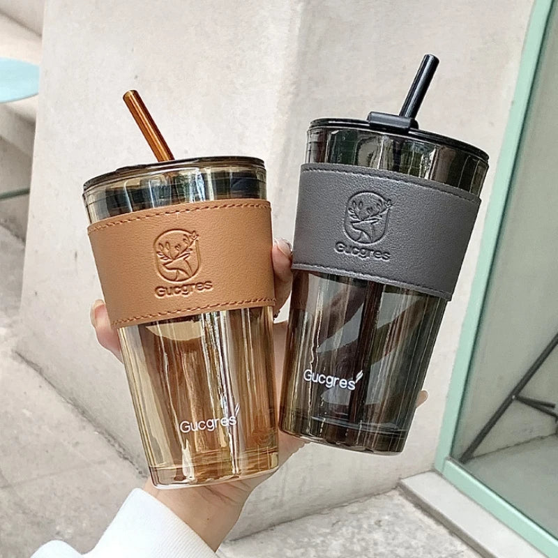 E-Gadget®Large Size Bamboo Joint Glass Material Cup with Glass Straw and Leather Grip (Mix/Random colour)