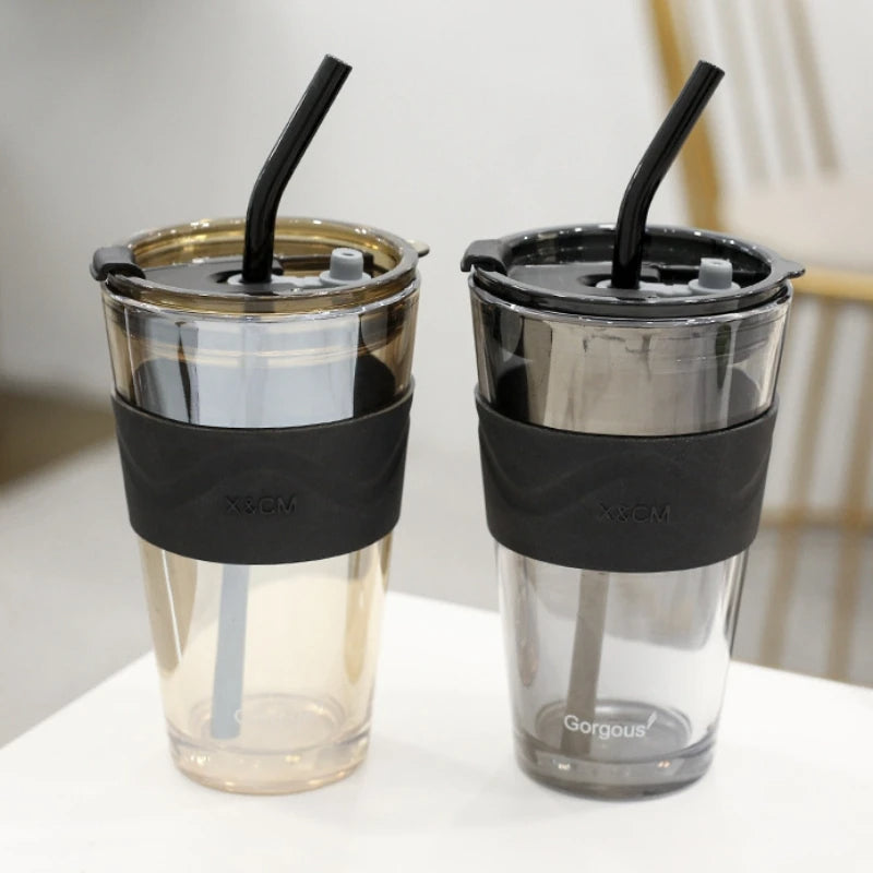 E-Gadget®Large Size Bamboo Joint Glass Material Cup with Glass Straw and Leather Grip (Mix/Random colour)