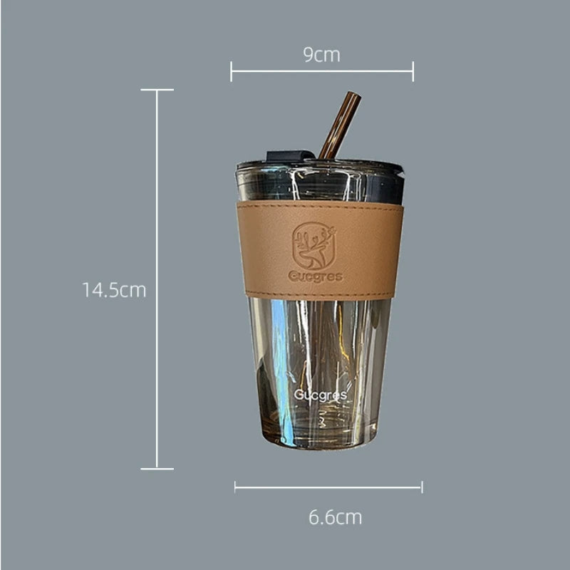 E-Gadget®Large Size Bamboo Joint Glass Material Cup with Glass Straw and Leather Grip (Mix/Random colour)