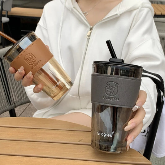 E-Gadget®Large Size Bamboo Joint Glass Material Cup with Glass Straw and Leather Grip (Mix/Random colour)