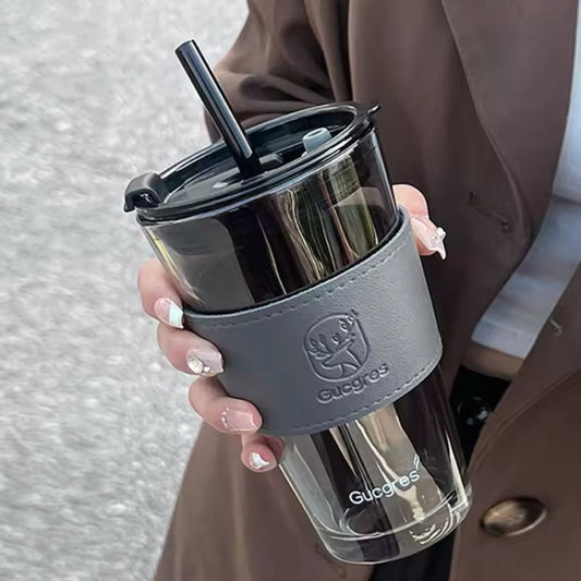 E-Gadget®Large Size Bamboo Joint Glass Material Cup with Glass Straw and Leather Grip (Mix/Random colour)
